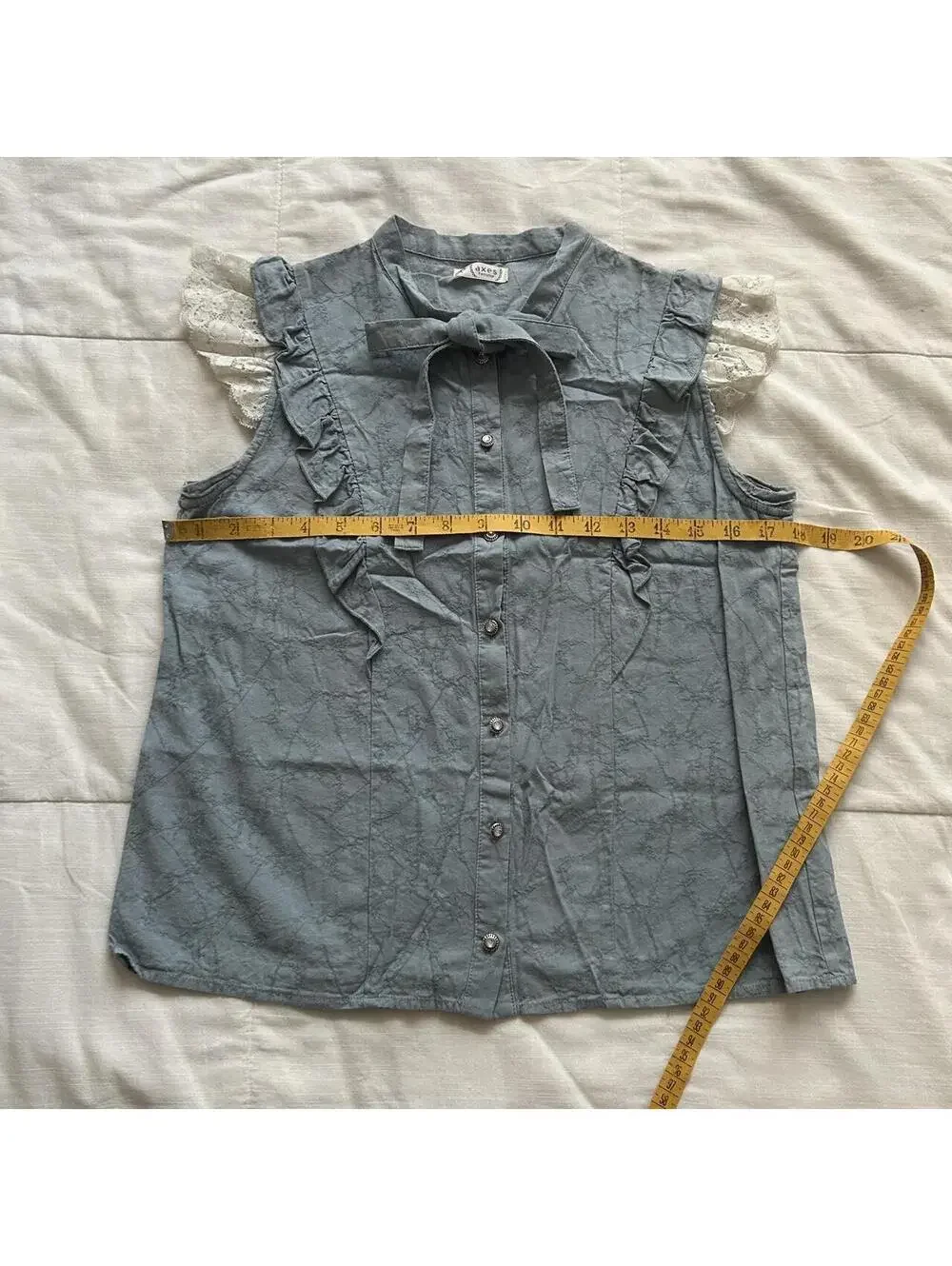 Axes Femme Dusty Blue Blouse Lace Cap Sleeve Bow Ruffle Button M Japan